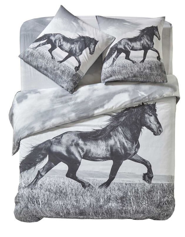 Linge de lit Prince en coton imprimé photo cheval (gris)