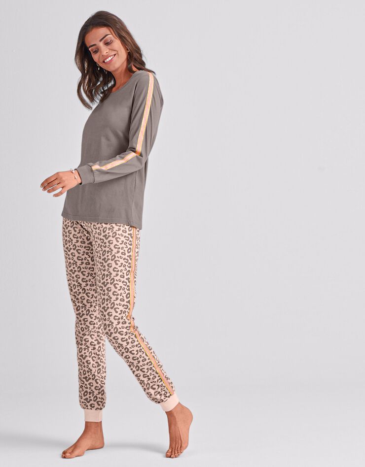 Pyjama à bandes irisées manches longues imprimé léopard (rose / taupe) Pyjama à bandes irisées manches longues imprimé léopard (rose / taupe)