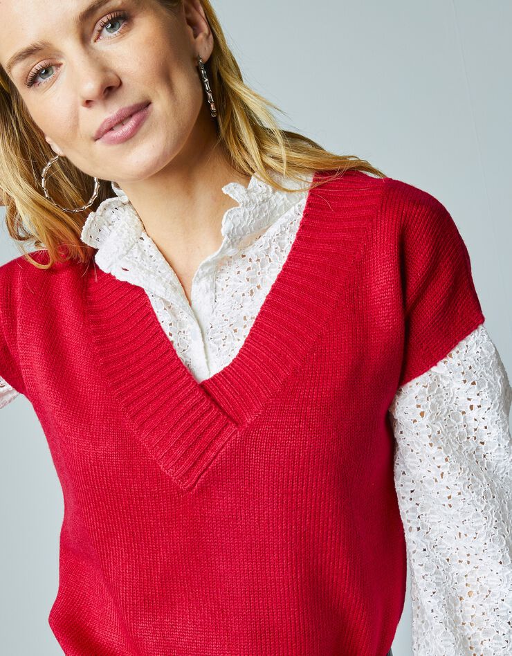 Robe-pull col V à manches courtes (rouge foncé) Robe-pull col V à manches courtes (rouge foncé)