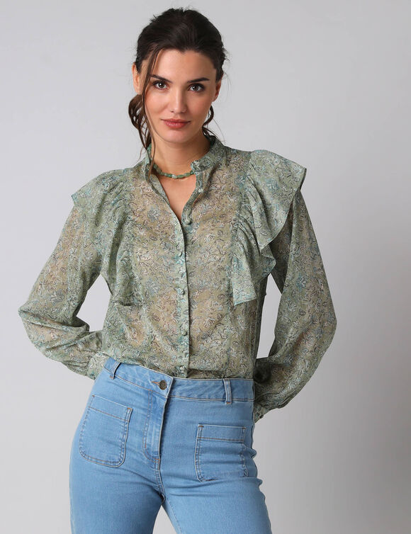 Chemisier volant&eacute; voile chiffon imprim&eacute; (vert / bleu)