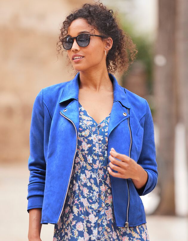 Blouson zippé col tailleur pressionné, suédine (bleu)