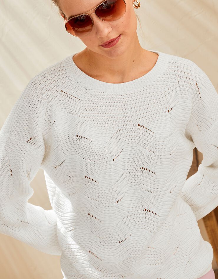 Pull manches longues, maille fantaisie (blanc) Pull manches longues, maille fantaisie (blanc)