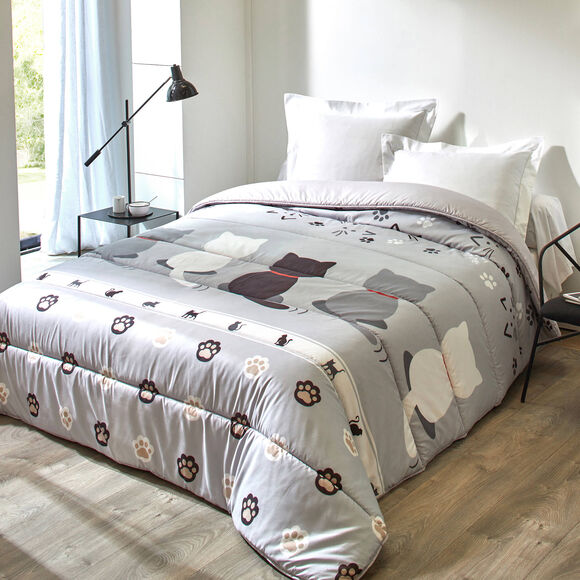 Couette microfibre imprim&eacute;e Chat 400g/m&sup2; (blanc)