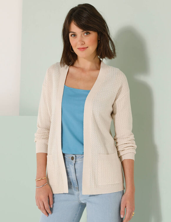 Gilet maille fantaisie, porter ouvert (écru)