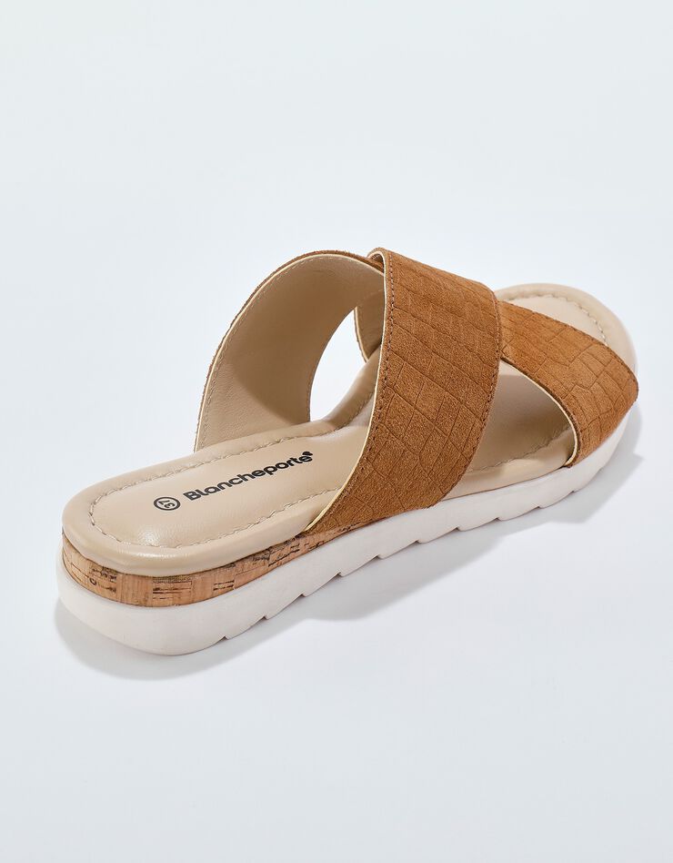 Mules compensées cuir effet croco avec liège fantaisie (caramel)