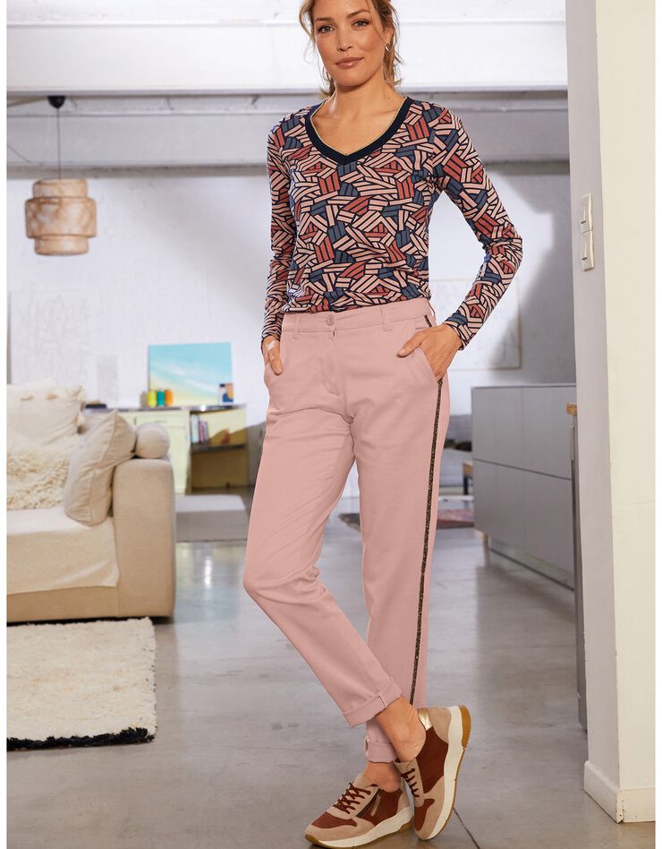 Pantalon chino bande strassée (rose grisé)
