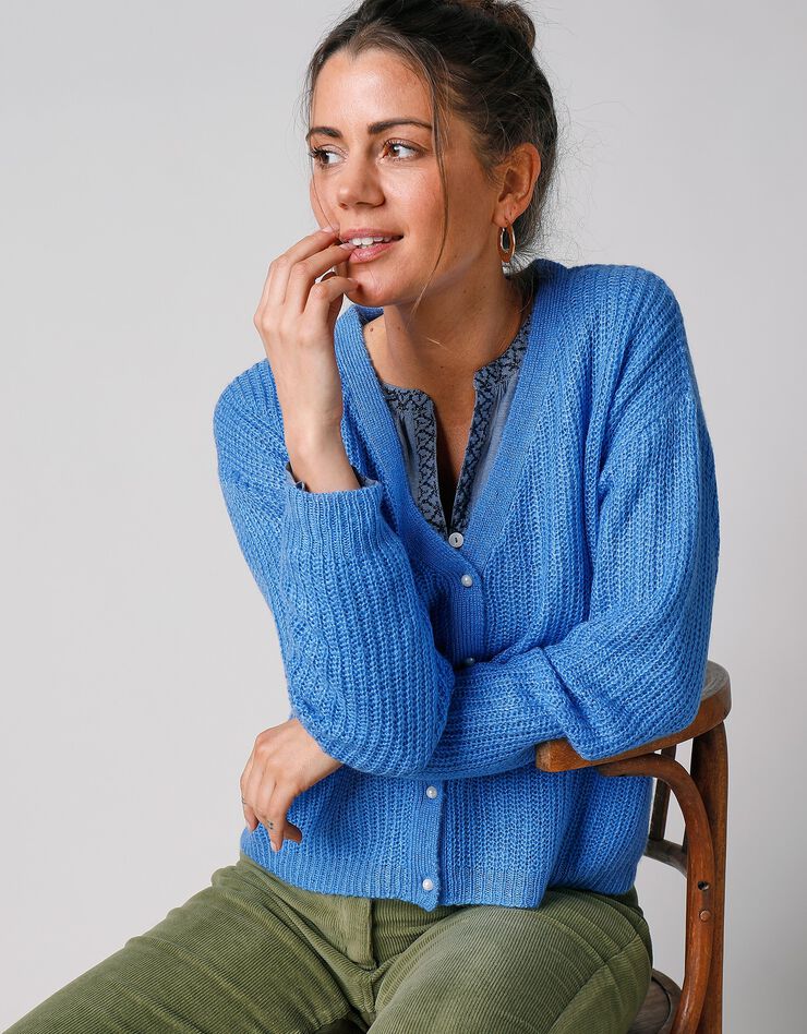 Gilet col V boutonné, maille anglaise toucher mohair (bleu lavande) Gilet col V boutonné, maille anglaise toucher mohair (bleu lavande)