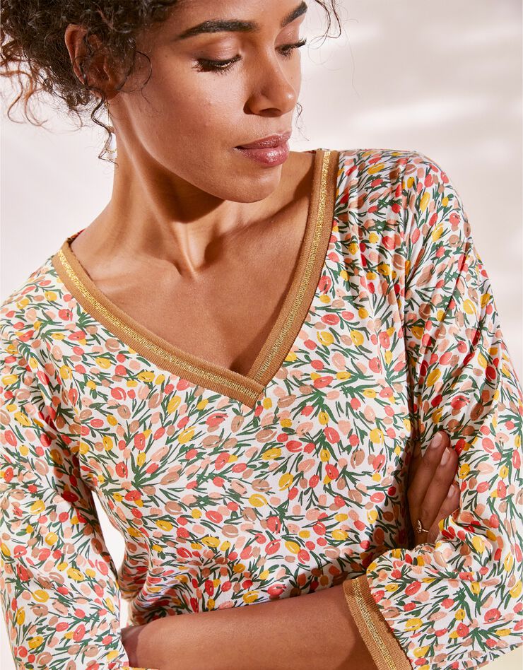 Tee-shirt manches 3/4 imprimé fleurs (corail) Tee-shirt manches 3/4 imprimé fleurs (corail)