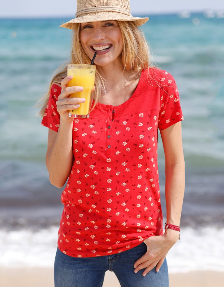 Tee-shirt tunisien imprimé fleurs manches courtes (rouge) Tee-shirt tunisien imprimé fleurs manches courtes (rouge)