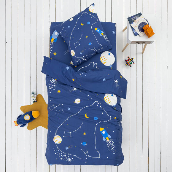 Linge de lit enfant imprim&eacute; Voie lact&eacute;e - coton 57 fils/cm&sup2; (marine)