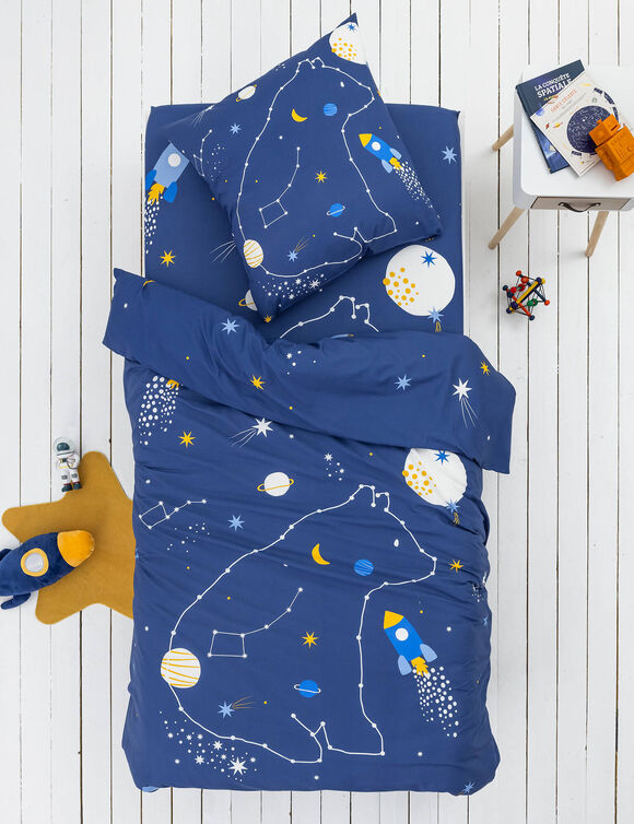 Linge de lit enfant imprim&eacute; Voie lact&eacute;e - coton 57 fils/cm&sup2; (marine)