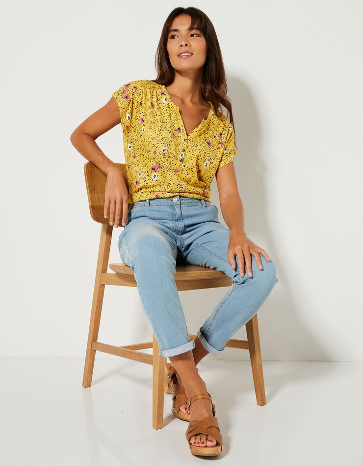 Tee-shirt col tunisien manches courtes, imprimé (jaune) Tee-shirt col tunisien manches courtes, imprimé (jaune)