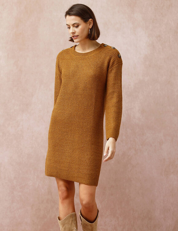 Robe-pull chinée manches longues, épaule boutonnée (havane chiné)