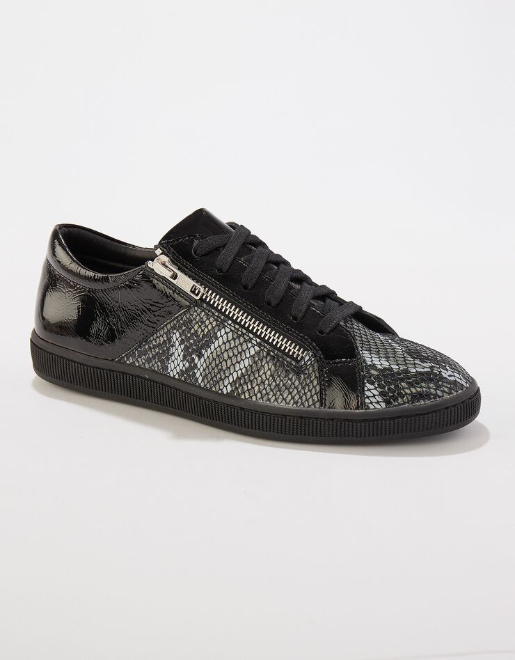 Basket zippée en cuir souple bi-matière - forme basse (noir / gris) Basket zippée en cuir souple bi-matière - forme basse (noir / gris)