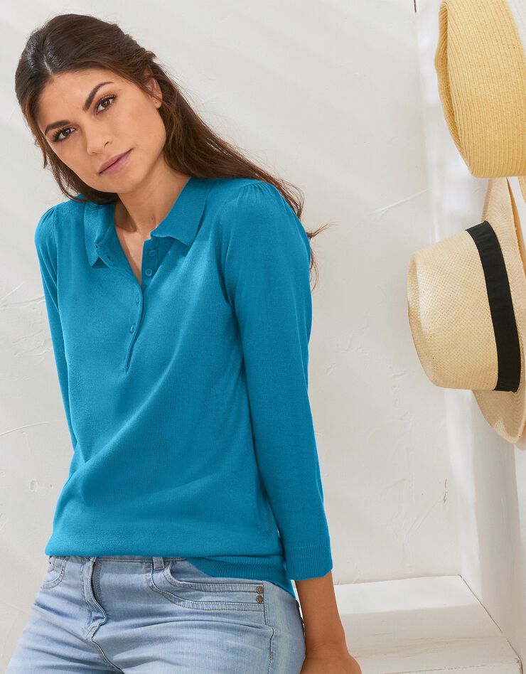 Pull col polo manches 3/4, toucher cachemire (bleu prusse) Pull col polo manches 3/4, toucher cachemire (bleu prusse)