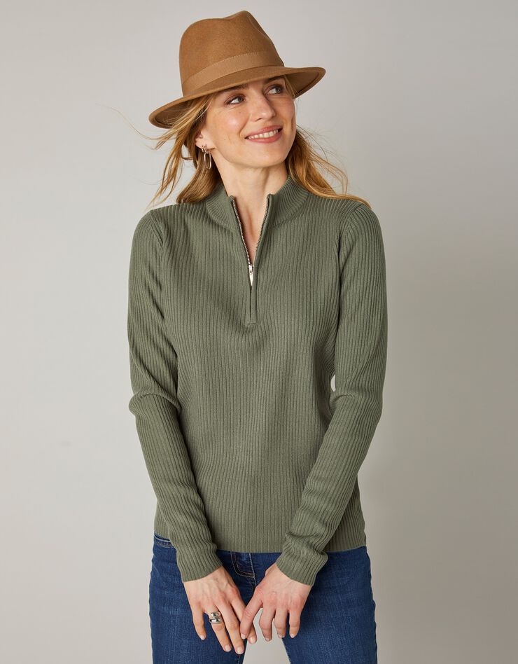 Pull col montant zippé maille côtelée (kaki) Pull col montant zippé maille côtelée (kaki)