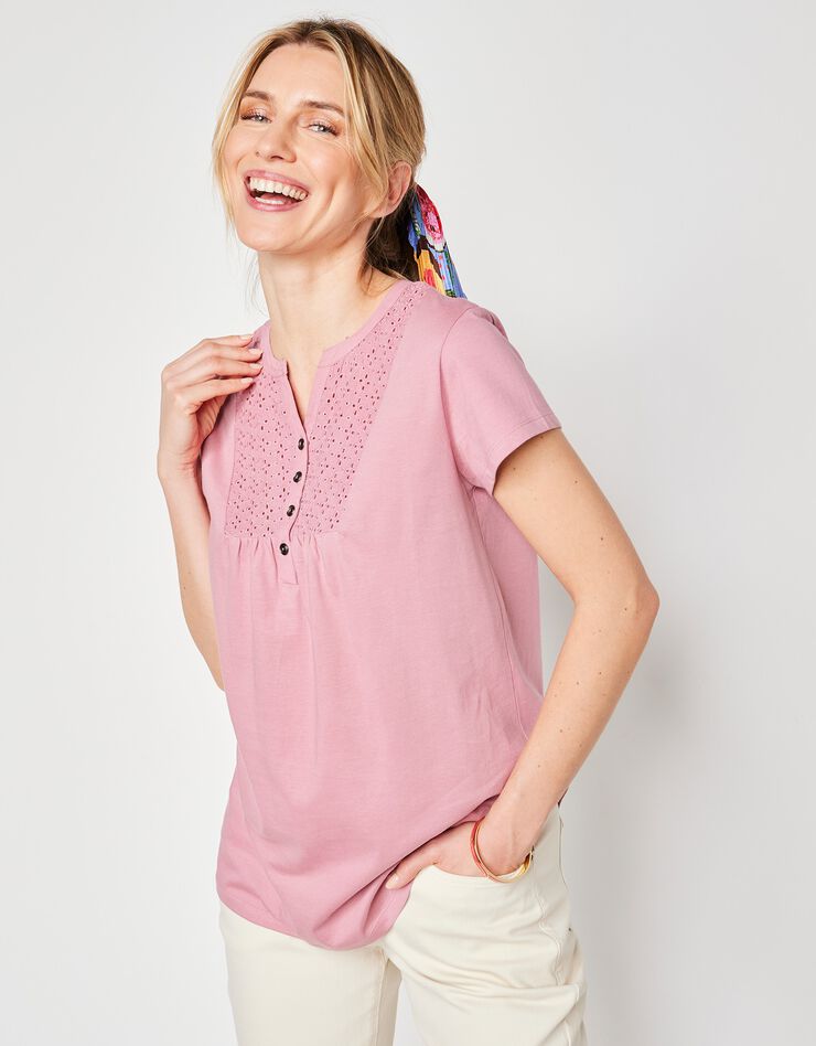 Tee-shirt boutonné broderie anglaise (rose grisé) Tee-shirt boutonné broderie anglaise (rose grisé)