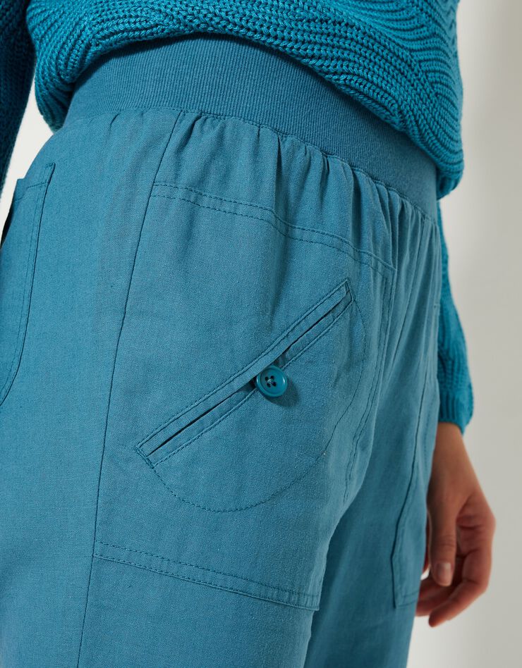 Pantalon coupe droite 7/8ème taille élastiquée, lin coton (bleu paon) Pantalon coupe droite 7/8ème taille élastiquée, lin coton (bleu paon)