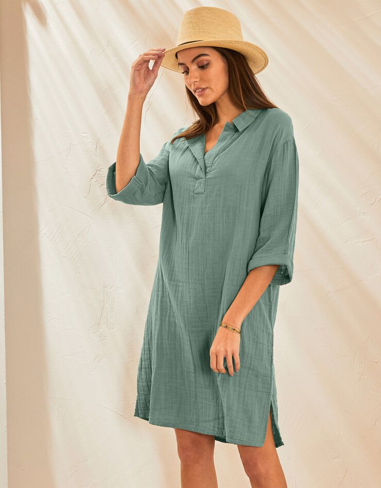 Robe chemisier unie gaze de coton (vert grisé) Robe chemisier unie gaze de coton (vert grisé)