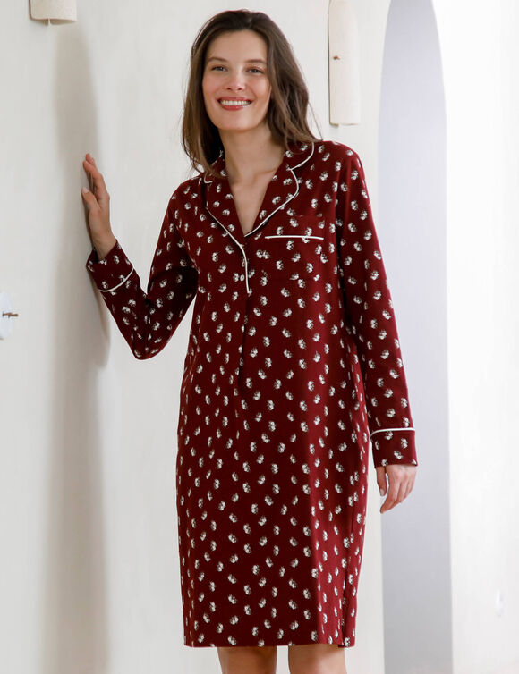 Chemise de nuit col tailleur manches longues, imprim&eacute; floral (bordeaux)