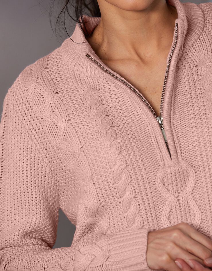Pull col montant zippé maille torsadée toucher cachemire (rose poudré) Pull col montant zippé maille torsadée toucher cachemire (rose poudré)