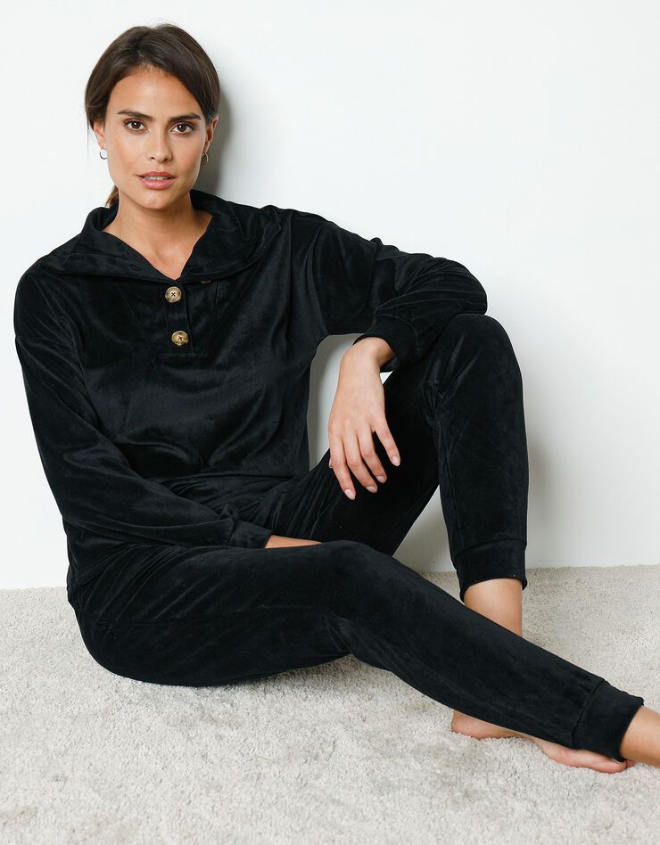 Pyjama velours stretch manches longues col boutonné (noir) Pyjama velours stretch manches longues col boutonné (noir)