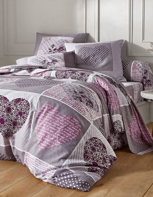Linge de lit Lovely en coton imprimé coeurs (gris / parme)