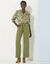 Blouse bicolore col tunisien, manches coudes smockées (beige / vert)