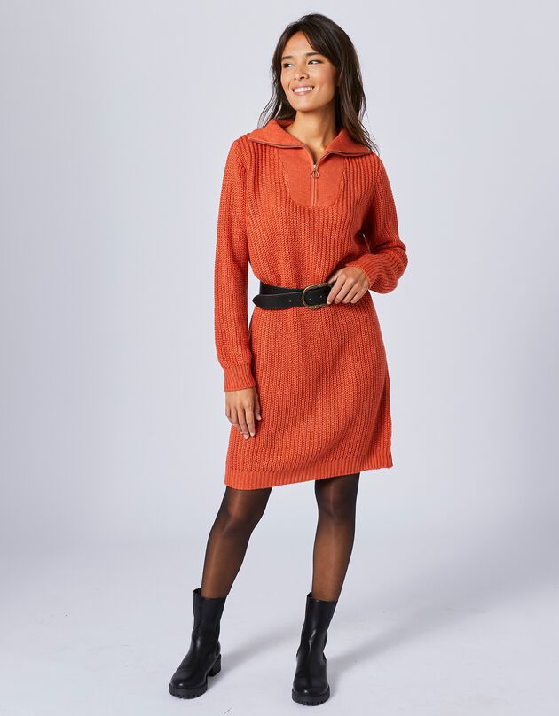 Robe pull col zippé, maille anglaise (corail)