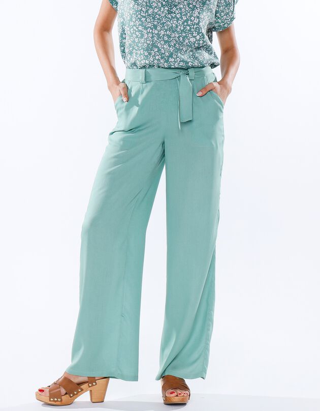 Pantalon large ceinturé uni (vert)