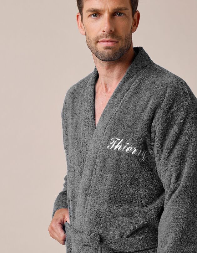 Peignoir mixte adulte uni coton éponge bouclette col kimono personnalisé (anthracite)