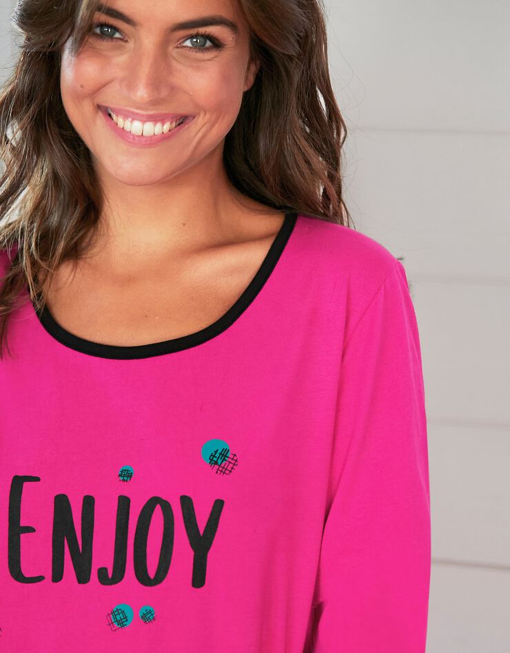 Tee-shirt manches longues coton uni imprimé placé "Enjoy" (fuchsia) Tee-shirt manches longues coton uni imprimé placé "Enjoy" (fuchsia)