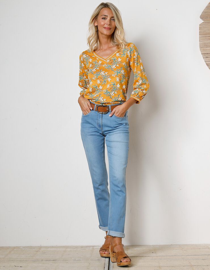 Tee-shirt manches 3/4 imprimé tropical (safran / kaki) Tee-shirt manches 3/4 imprimé tropical (safran / kaki)