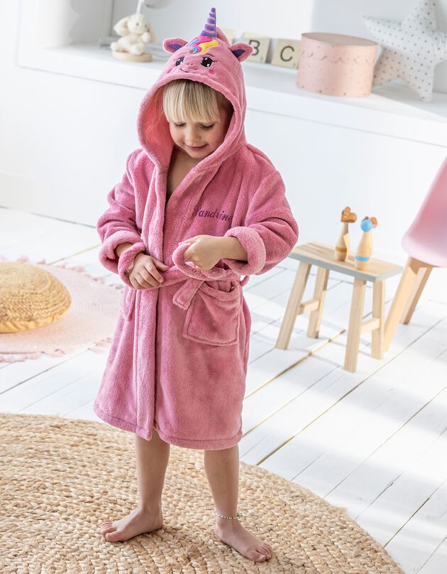 Peignoir de bain enfant à capuche licorne personnalisable microfibre (rose)
