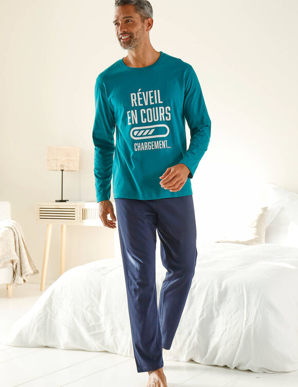 Pyjama col rond à message (bleu canard / marine)