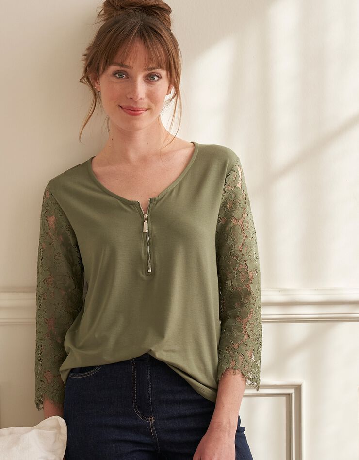 Tee-shirt col zippé manches 3/4 dentelle jersey (bronze) Tee-shirt col zippé manches 3/4 dentelle jersey (bronze)