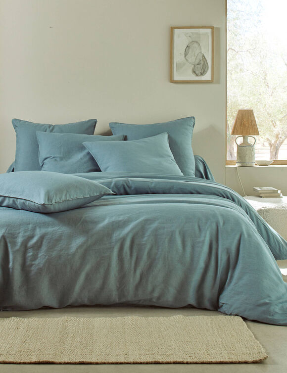 Linge de lit uni biface lin lavé / coton lavé  (bleu grisé)