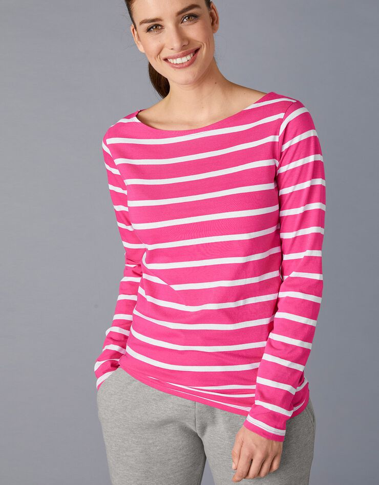 Tee-shirt marinière manches longues en coton bio, éco-responsable (rose / blanc)