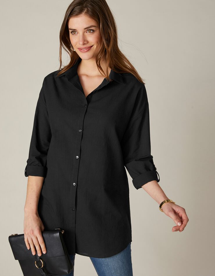 Chemise longue unie boutonnée (noir) Chemise longue unie boutonnée (noir)