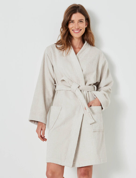 Peignoir court adulte col kimono éponge bouclette (sable)