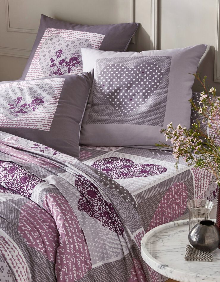 Linge de lit Lovely en coton imprimé coeurs (gris / parme)