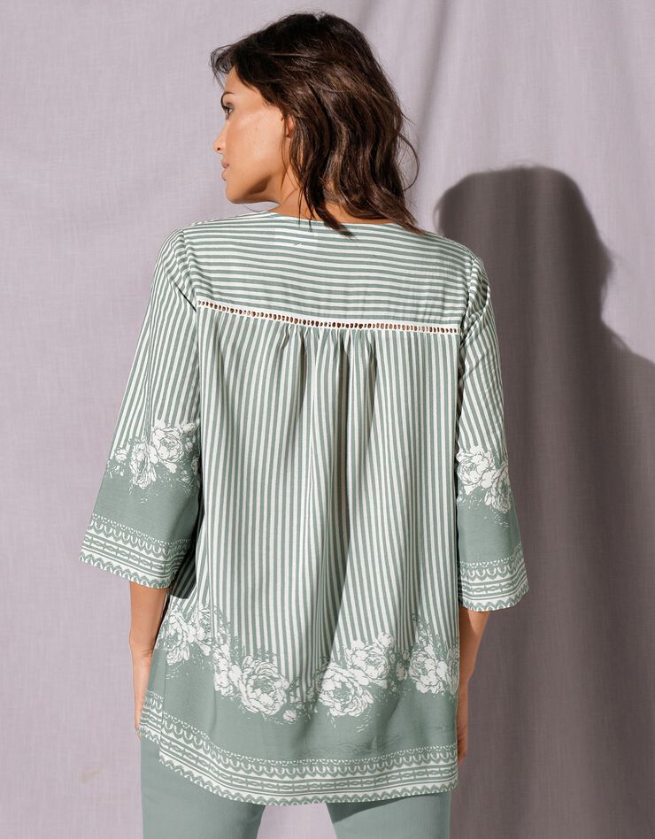 Blouse ample imprimée manches 3/4 pagodes (vert grisé) Blouse ample imprimée manches 3/4 pagodes (vert grisé)