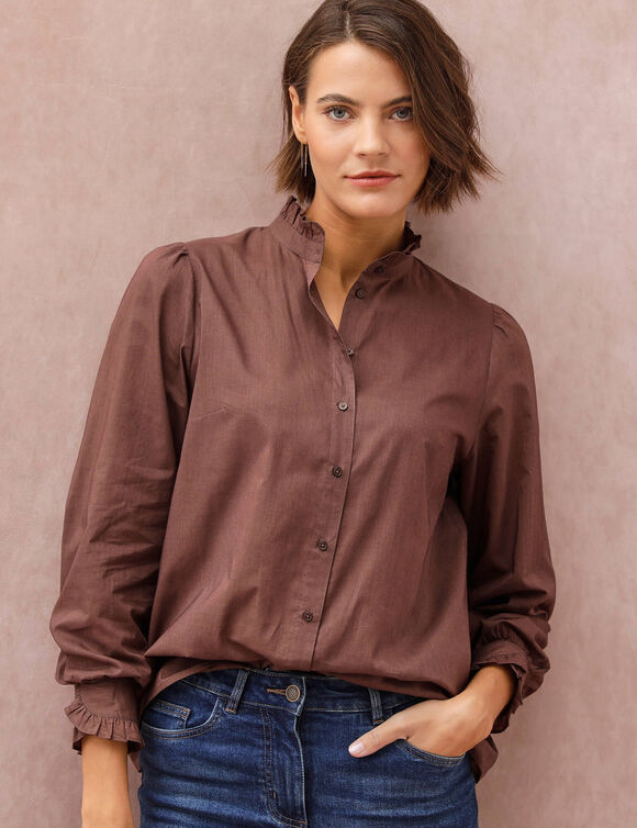 Chemise col officier volant&eacute;, manches longues, uni (chocolat)