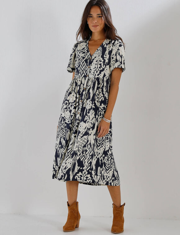 Robe boutonn&eacute;e imprim&eacute;e, manches courtes  (indigo / &eacute;cru)