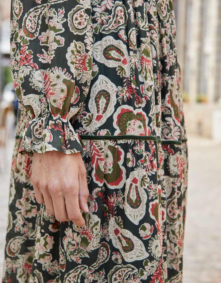 Robe longue volantée imprimée, crépon (kaki / rose) Robe longue volantée imprimée, crépon (kaki / rose)