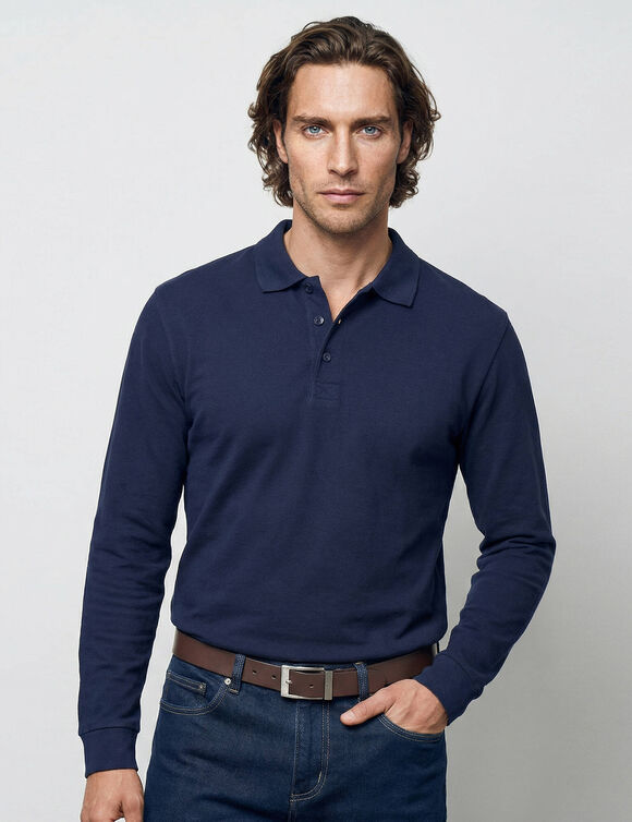 Polo uni maille piqu&eacute;e manches longues (marine)