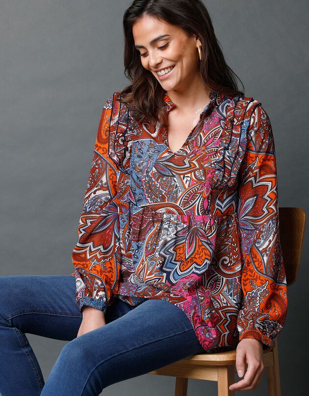 Blouse imprimée à volants (caramel / orange)