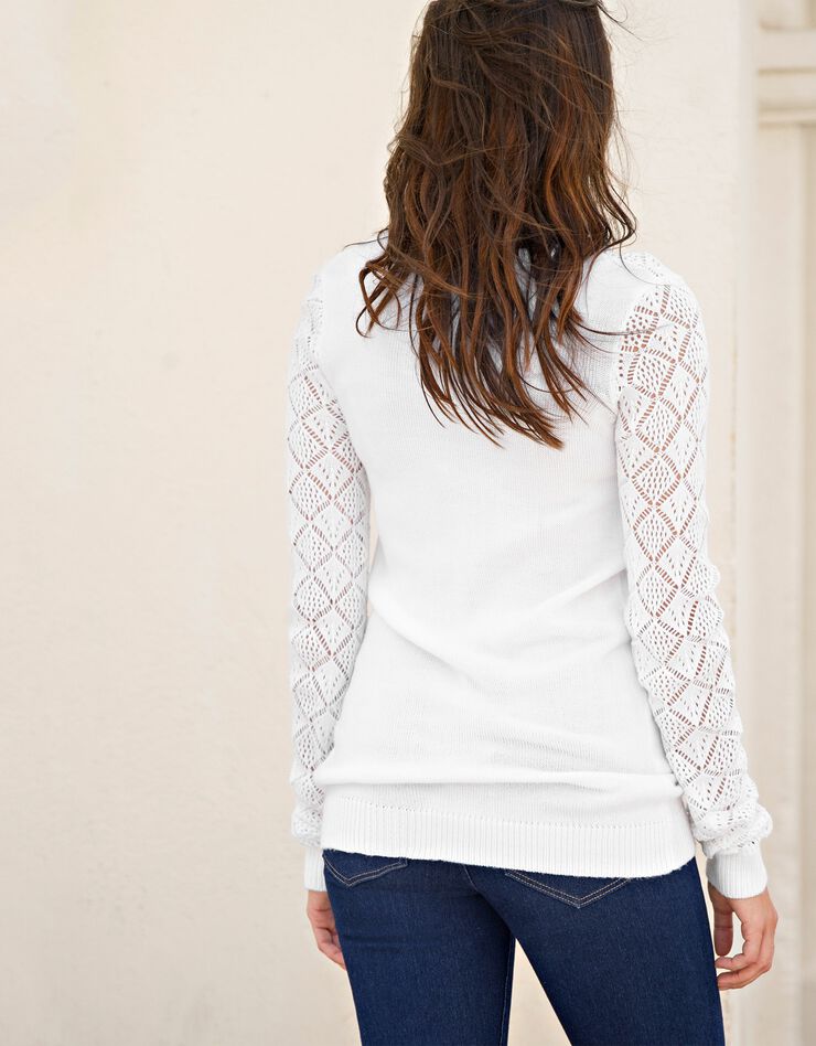 Cardigan boutonné, maille ajourée toucher cachemire (blanc) Cardigan boutonné, maille ajourée toucher cachemire (blanc)