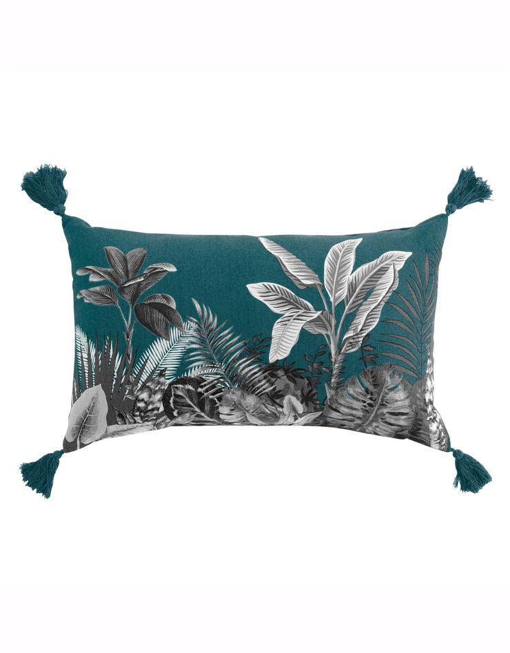 Coussin imprimé tropical pompons (bleu)