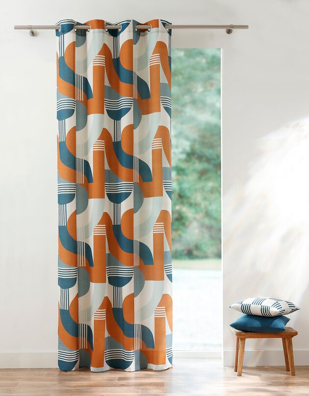 Rideau oeillets imprimé géométrique Art Déco (bleu / caramel)